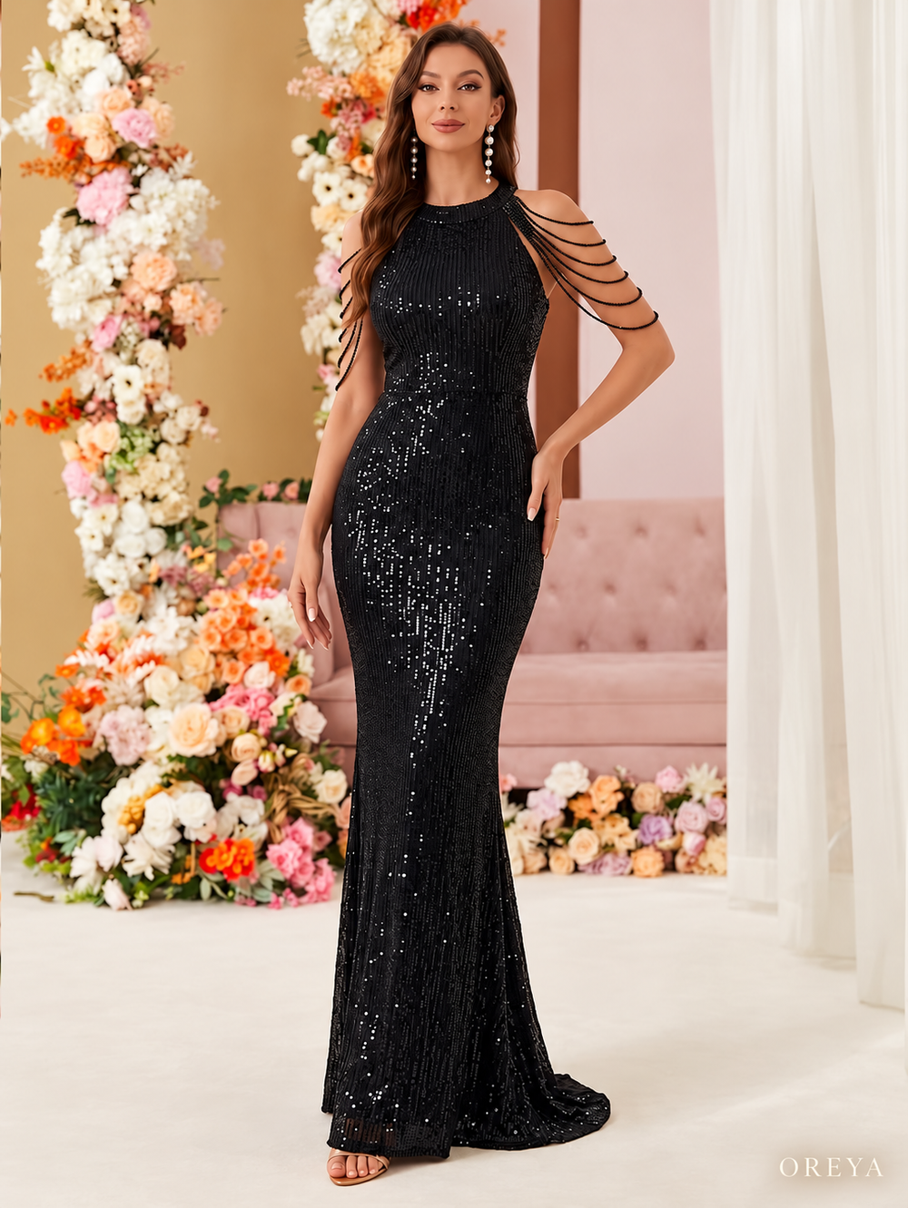 Robe longue noire Éclat Nocturne à sequins – OREYA