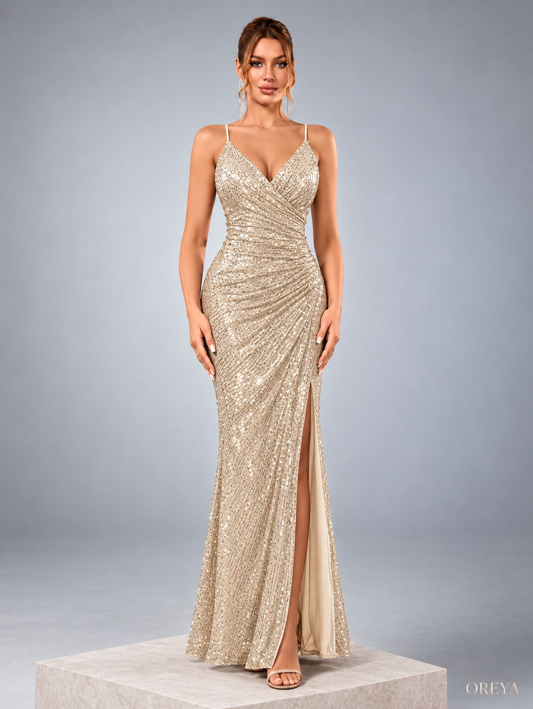 Robe longue CÉLESTE – Champagne à sequins