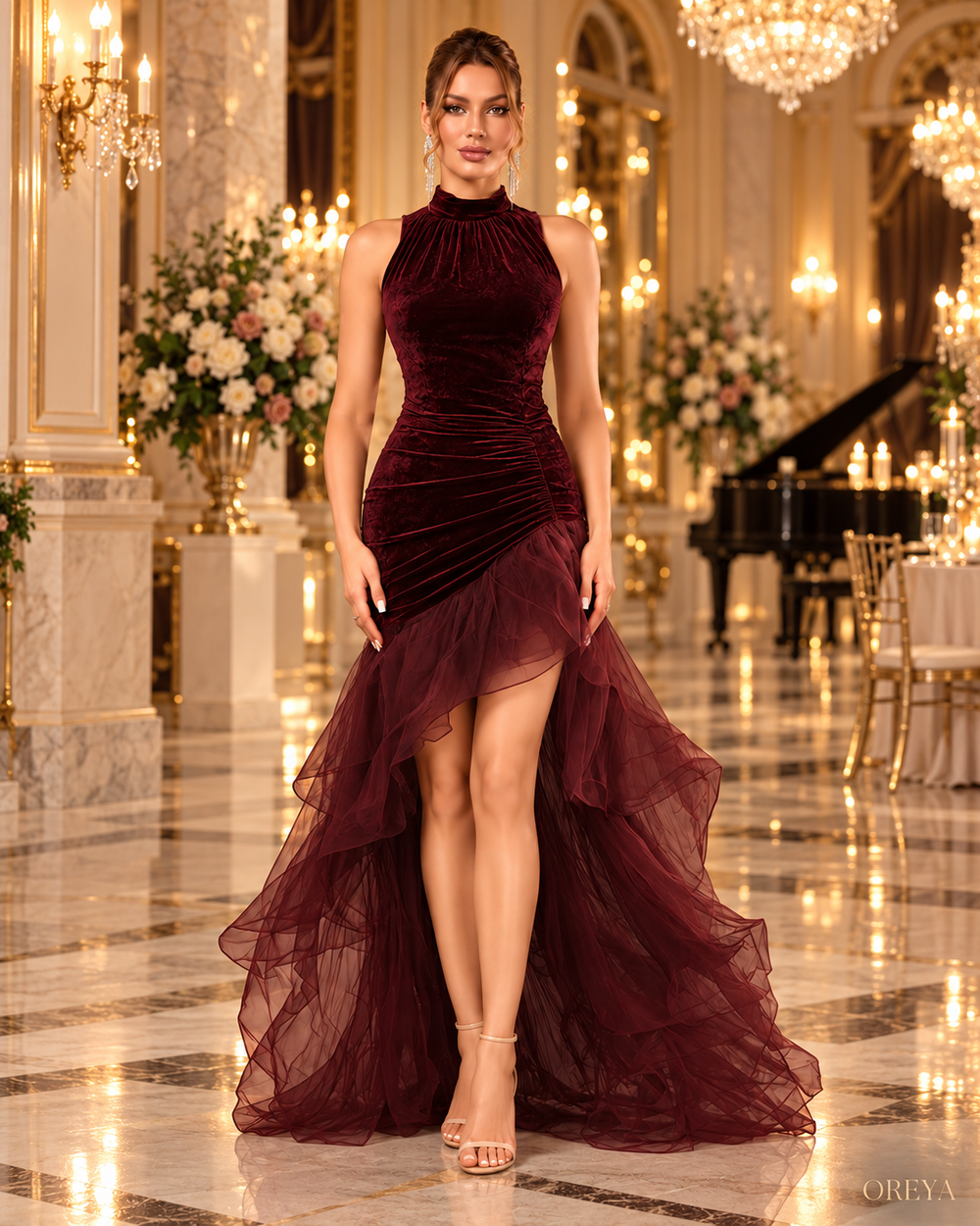 Robe asymétrique OPHÉLIE – Velours bordeaux & tulle